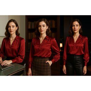 Prophecy Women’s Red Satin Blouse XL Quiet Luxury, Fall Layers, Dark Academia